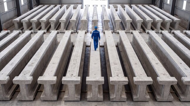 Engineer Inspecting Precast Concrete Beams in Industrial Plant