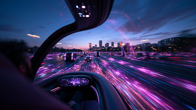Futuristic Autonomous Vehicle Driving on High Speed Highway at Dusk