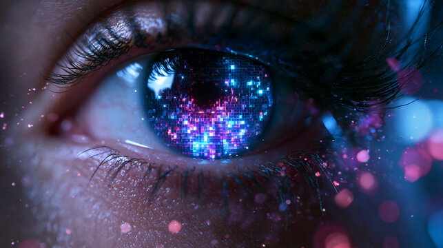 Futuristic Eye with Glowing Digital Biometric Data Grid