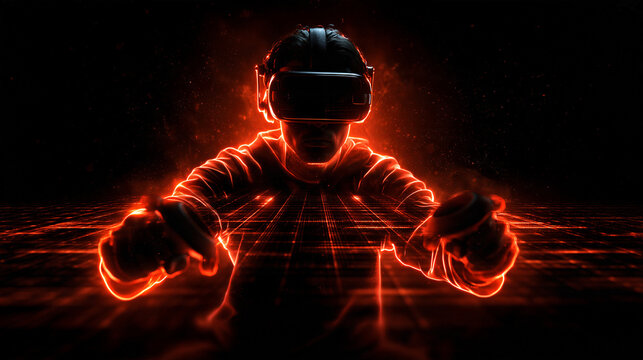 Man Wearing VR Headset Immersed in Digital Metaverse