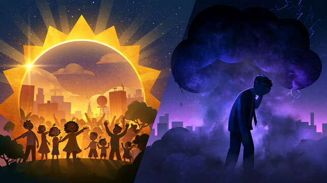 Mental Health Concept Depicting Depression and Joyful Community Contrast