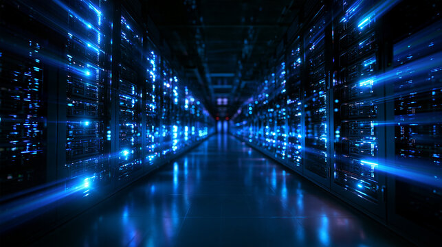 Modern Data Center Server Room with Glowing Blue Lights
