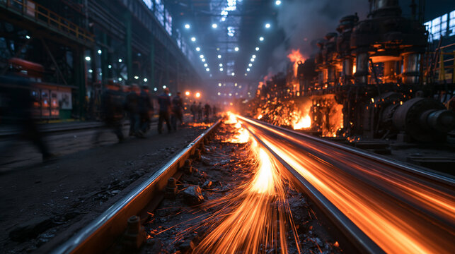 Molten Steel Glowing on Industrial Production Line in Foundry