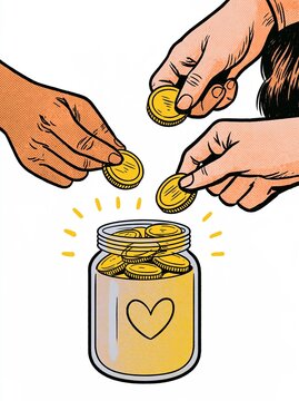 Multiple hands putting coins into a glass jar. Concept of community charity and collective savings