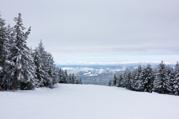 Fototapeta premium Gorgeous landscape on the slopes of Borovets ski resort, Bulgaria, a popular winter destination