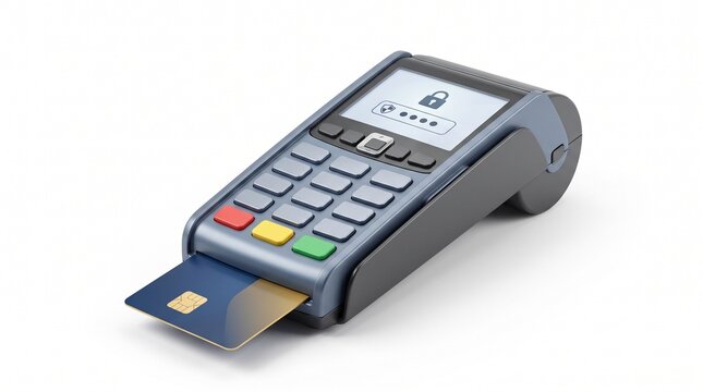 Payment terminal with credit card inserted, secure electronic transaction device, modern POS machine for retail checkout