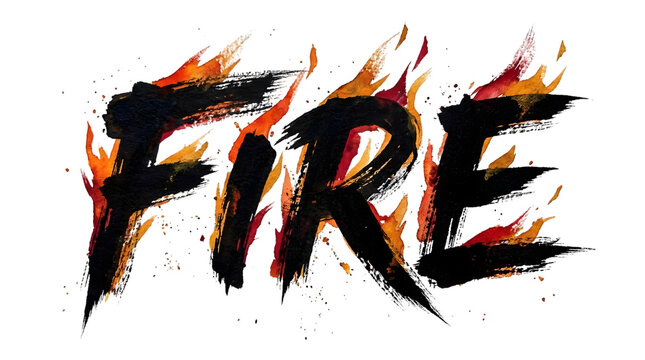 Fiery text design with vibrant flames and sparks isolated on transparent background