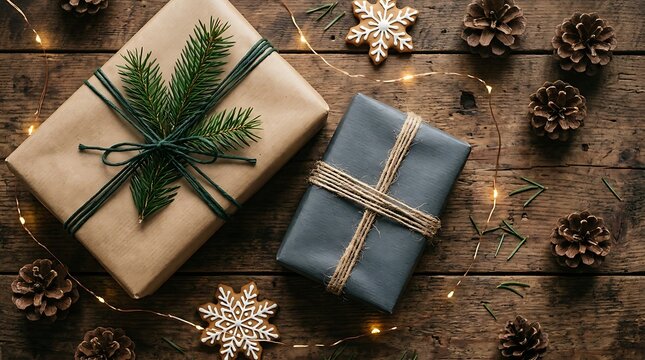 Christmas gifts with pine branches and gingerbread cookies