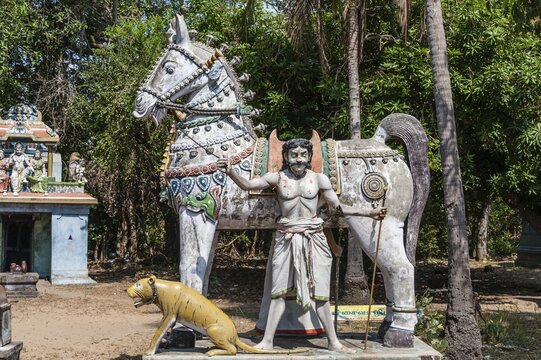 Decorated horse statue statue of the god, temple for the god Madurai Veeran, Mandavi, Tamil Nadu, India