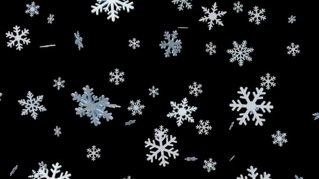 Realistic winter snowflakes animation with rotating 3d crystals loop