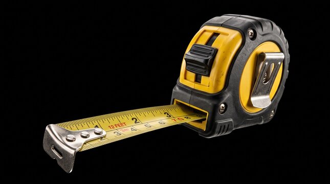 Yellow retractable measuring tape tool extended for construction and