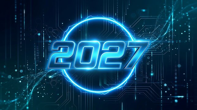 Futuristic glowing neon circle with the year 2027 digital technology concept