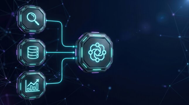 AI agent workflow with search, database and analytics modules converging into central synthesis system, enterprise technology background with copy space