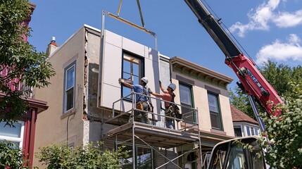 Obraz premium Construction workers installing a prefabricated wall panel on a residential building. Crane lifting a modular home component at a renovation site