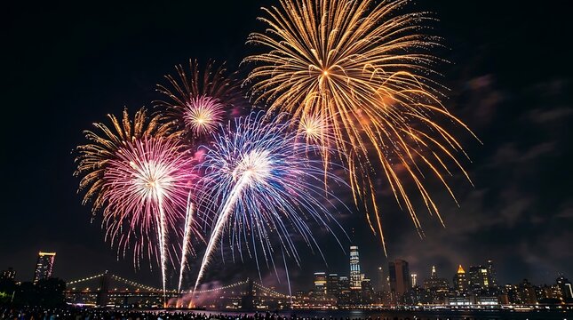 Spectacular fireworks display illuminates night sky over cityscape silhouette
