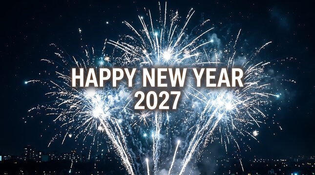 Spectacular new year 2027 fireworks display over city skyline celebration