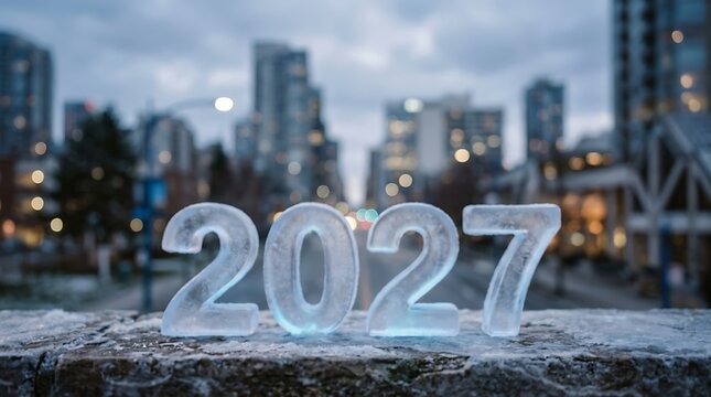 Frosty new year numbers two zero two seven against city skyline background