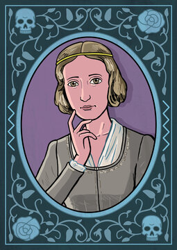 Portrait of writer Mary Shelley on an old-fashioned book cover