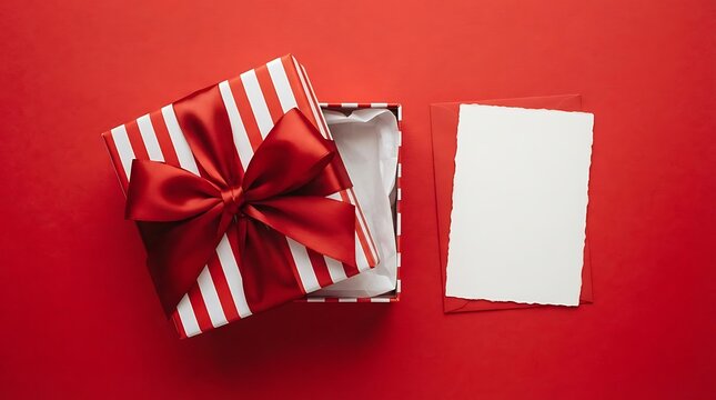 Open gift box with red ribbon and blank card on a red background