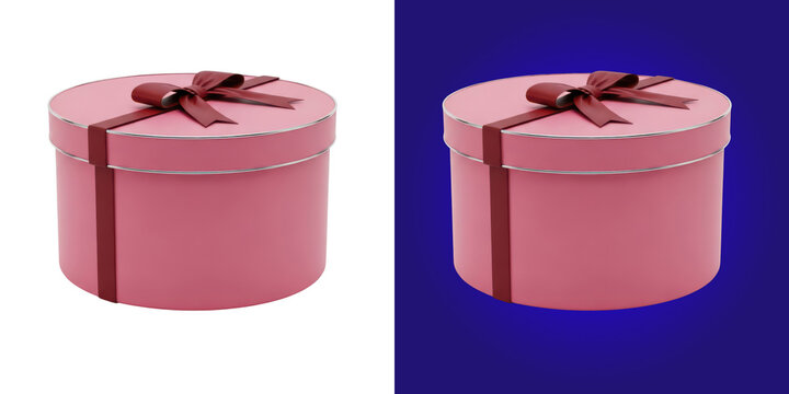 Pink round gift box with a dark red ribbon and bow 3D rendering