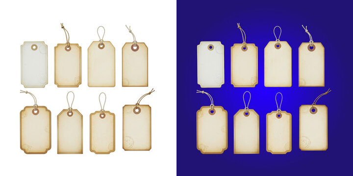 Set of blank vintage paper price tags with strings design