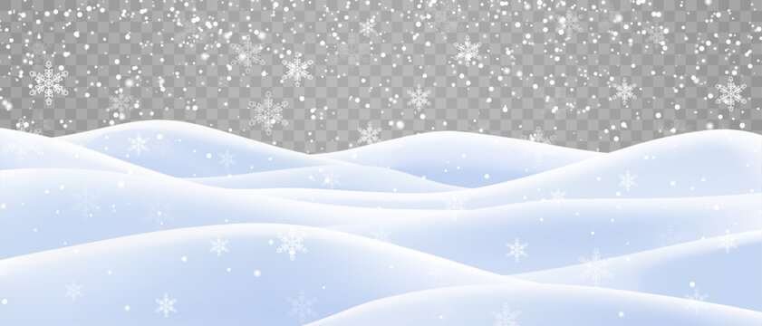 Winter snow drifts with falling snowflakes on transparent background. Snowy ground border and snowfall overlay for Christmas design