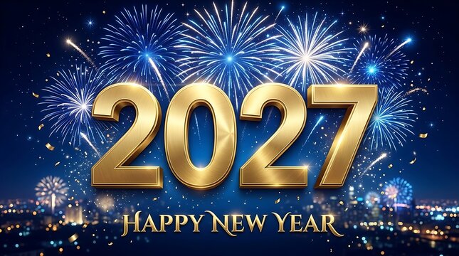 Golden 2027 new year celebration with vibrant fireworks and city skyline