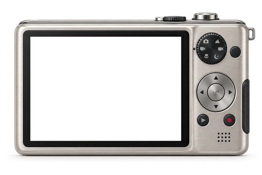 Back view of silver digital camera with blank white screen display and control buttons mockup for photography simulation design layout on clean white background.