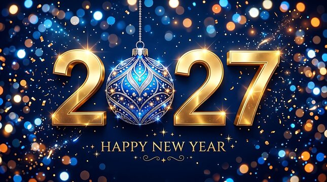 Golden new year 2027 celebration with sparkling disco ball and bokeh lights
