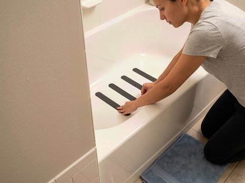 Woman Applying Anti Slip Strips in Bathtub