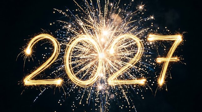 Golden new year 2027 celebration with sparkling lights and festive fireworks