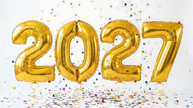 Golden 2027 foil balloons with confetti celebrating the new year