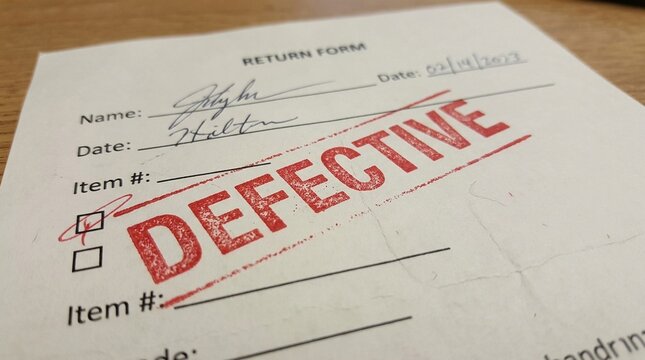 Close-up of return form marked defective in red ink, product defect report and warranty return