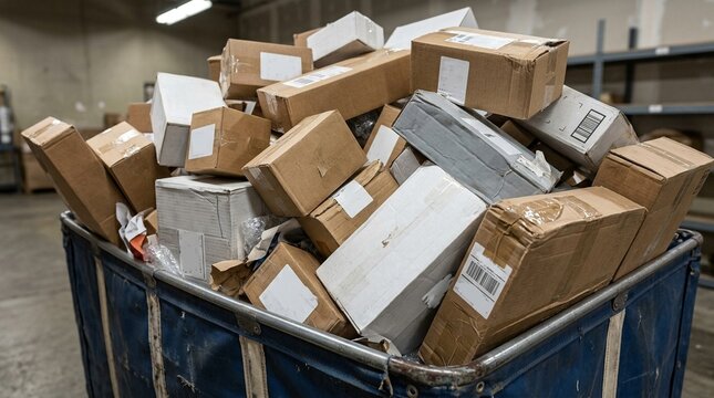Close-up of returns bin overflowing with mismatched cardboard boxes, high-volume returns backlog
