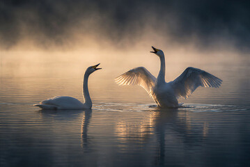 Pair of Whooper Swans Calling and Displaying on Misty Water at Sunrise © wedelncindy