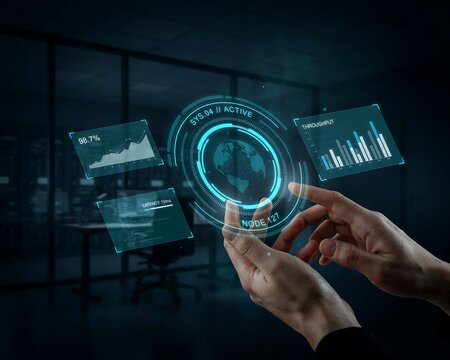 Hands interacting with a futuristic holographic interface in a darkened environment