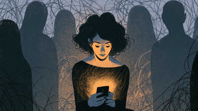 Young woman with curly hair looking at a glowing smartphone screen in a crowded dark environment