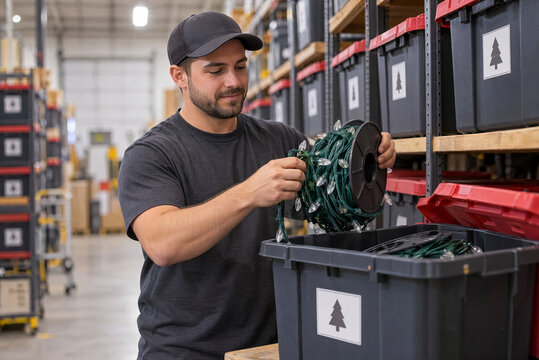 Warehouse worker unboxing Christmas string lights and organizing storage shelves in fulfillment center distribution hub