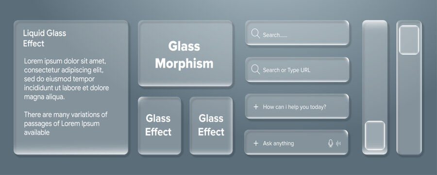 Set of modern glass ui elements with frosted transparency effect for website and mobile application interface design
