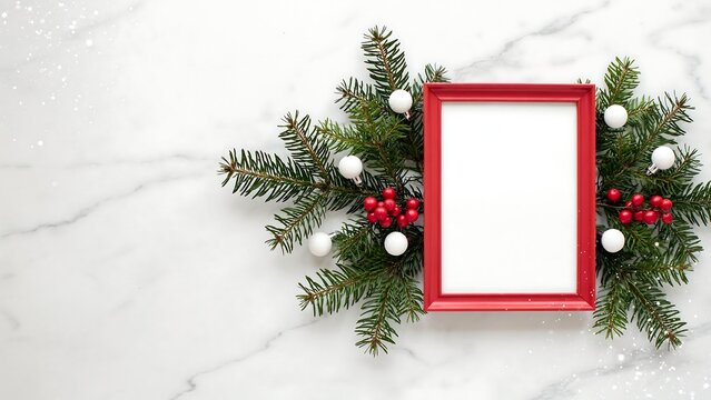 Festive christmas frame with evergreen branches and red berry accents on marble