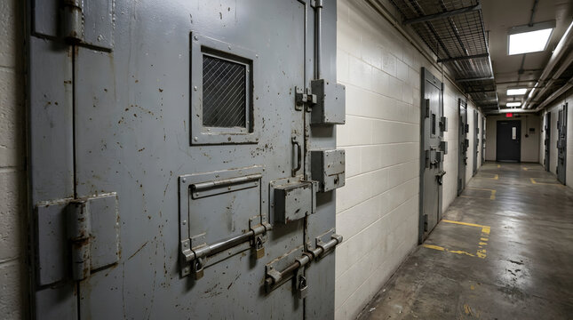 Closed reinforced segregation cell door in a prison hallway. Heavy steel solitary confinement entrance with padlocks