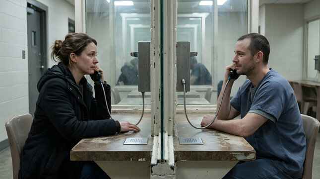 Prison visitation through glass partition. Woman and inmate talking on phones in visiting room