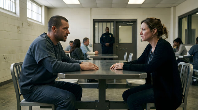 Prisoner talking with partner during visit. Inmate meeting visitor across table in jail