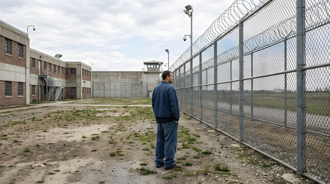 Prisoner standing near secure yard fence. Inmate outdoors by chain link barrier and barbed wire