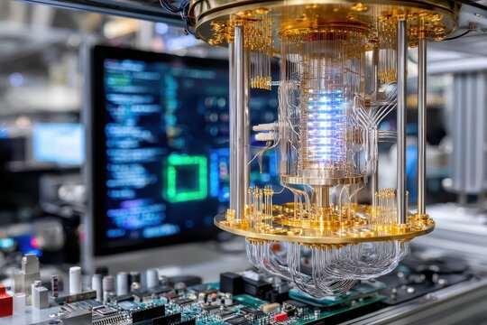Modern quantum computer with intricate design showcased in a high-tech research facility