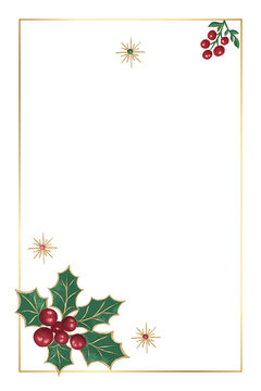 Christmas Holly Invitation with Gold Frame and Copy Space. vertical card with red berries, green leaves and golden stars on white. Festive botanical background for holiday greetings and stationery.