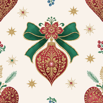 Red Christmas Bauble Pattern with Green Bows on Cream. Seamless festive illustration with ornate gold details, hearts and stars. Vintage decorative background for holiday textiles and wrapping paper.