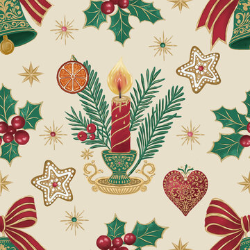 Vintage Christmas Candle Pattern with Holly and Gingerbread. Seamless festive illustration with bells, orange slices and gold stars on beige. Traditional background for textiles and gift wrap.