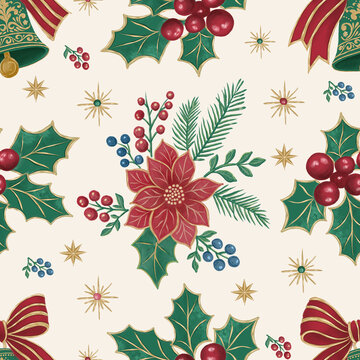 Christmas Poinsettia and Bell Seamless Pattern on Cream. Festive botanical illustration with berries, red bows and golden stars. Traditional decorative background for holiday textiles and gift wrap.