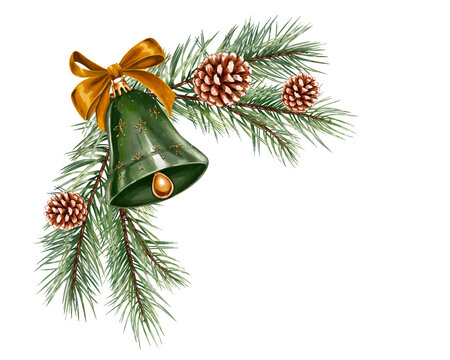 Hand painted watercolor green Christmas bell with a golden bow, evergreen pine branch and natural pinecones.
